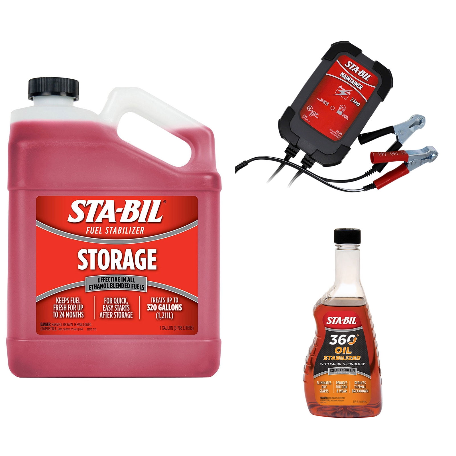 STABIL Fuel Stabilizer + 2 AMP Battery Maintainer + Engine Oil