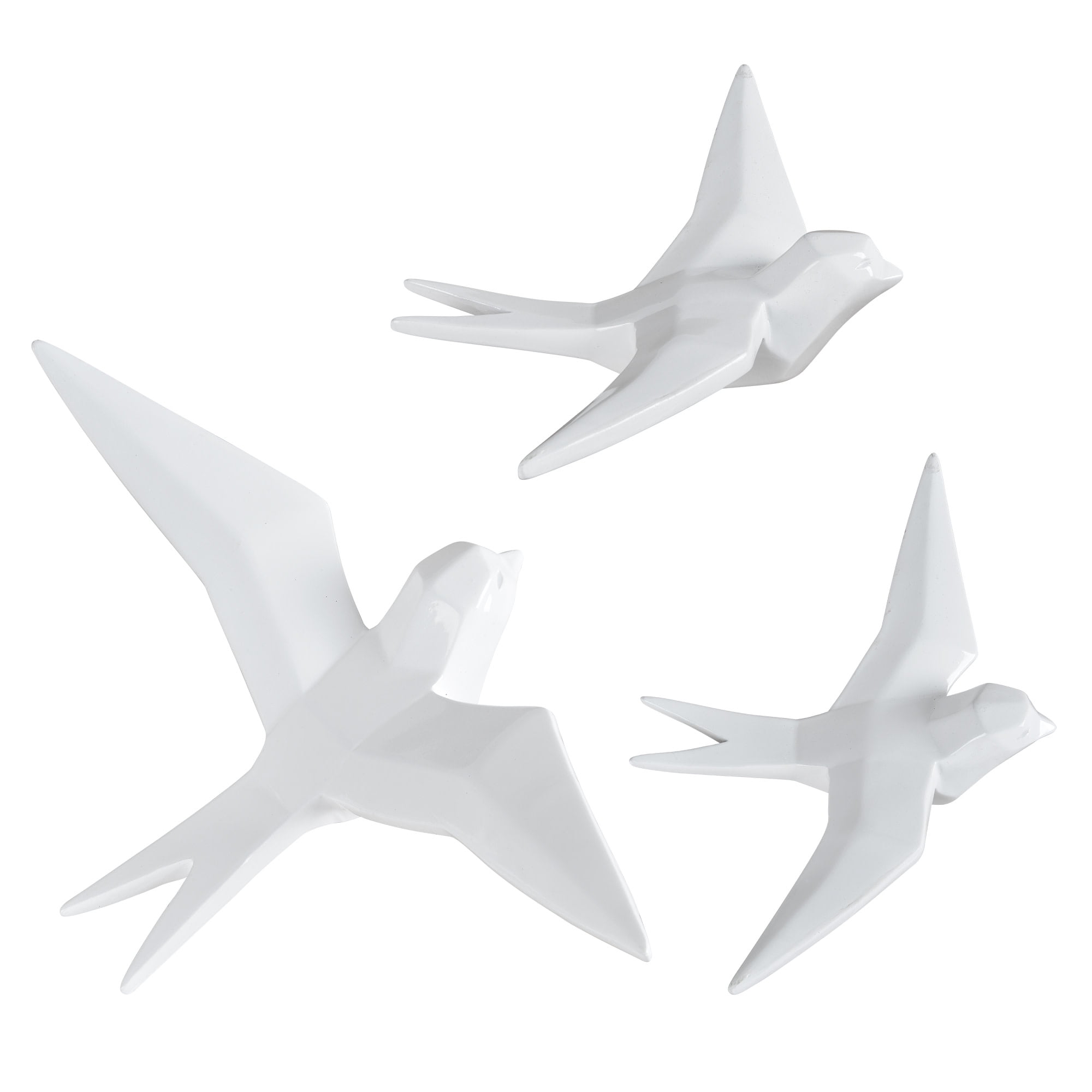 Glossy White Resin Bird Statue Set of Three
