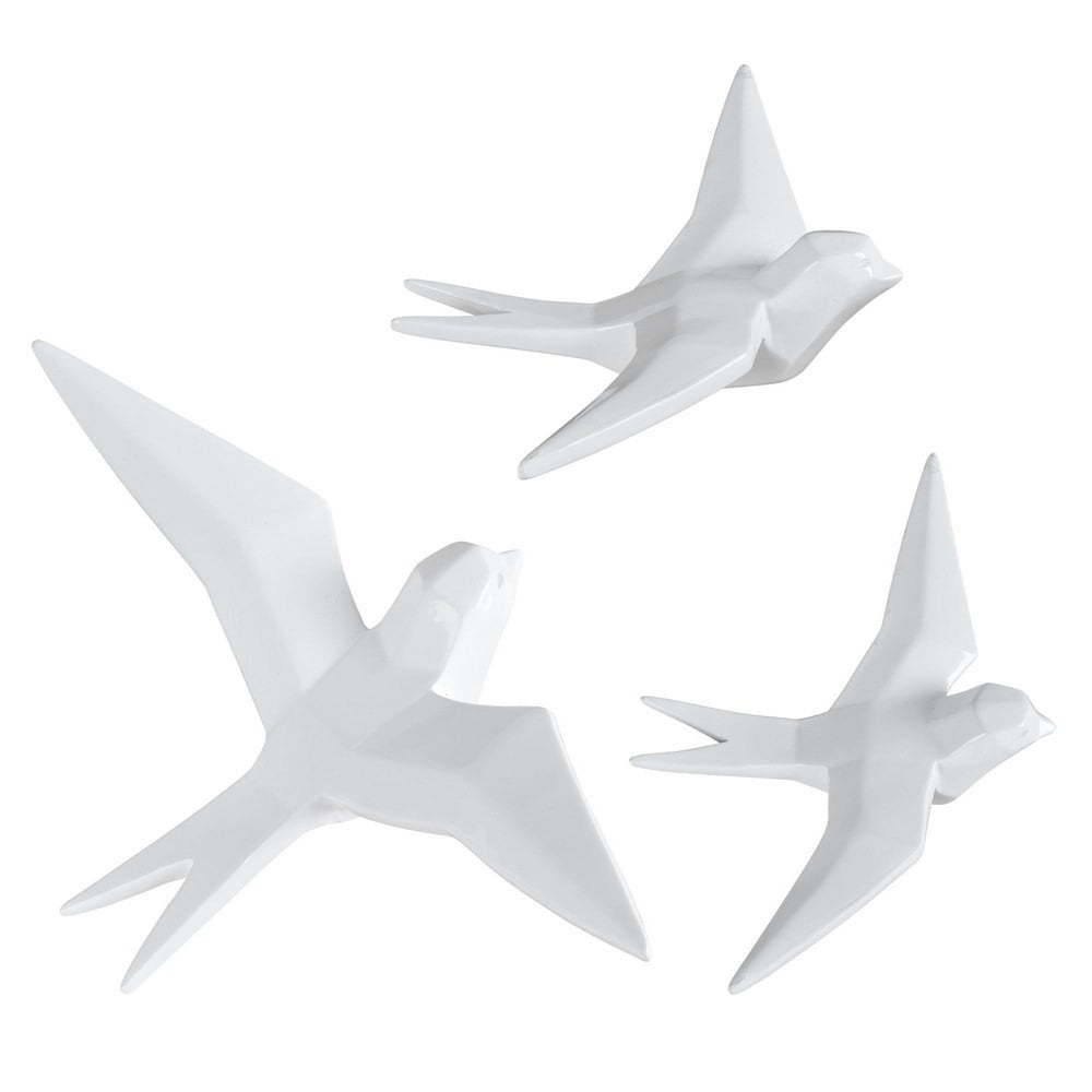 Glossy White Resin Bird Statue Set of Three