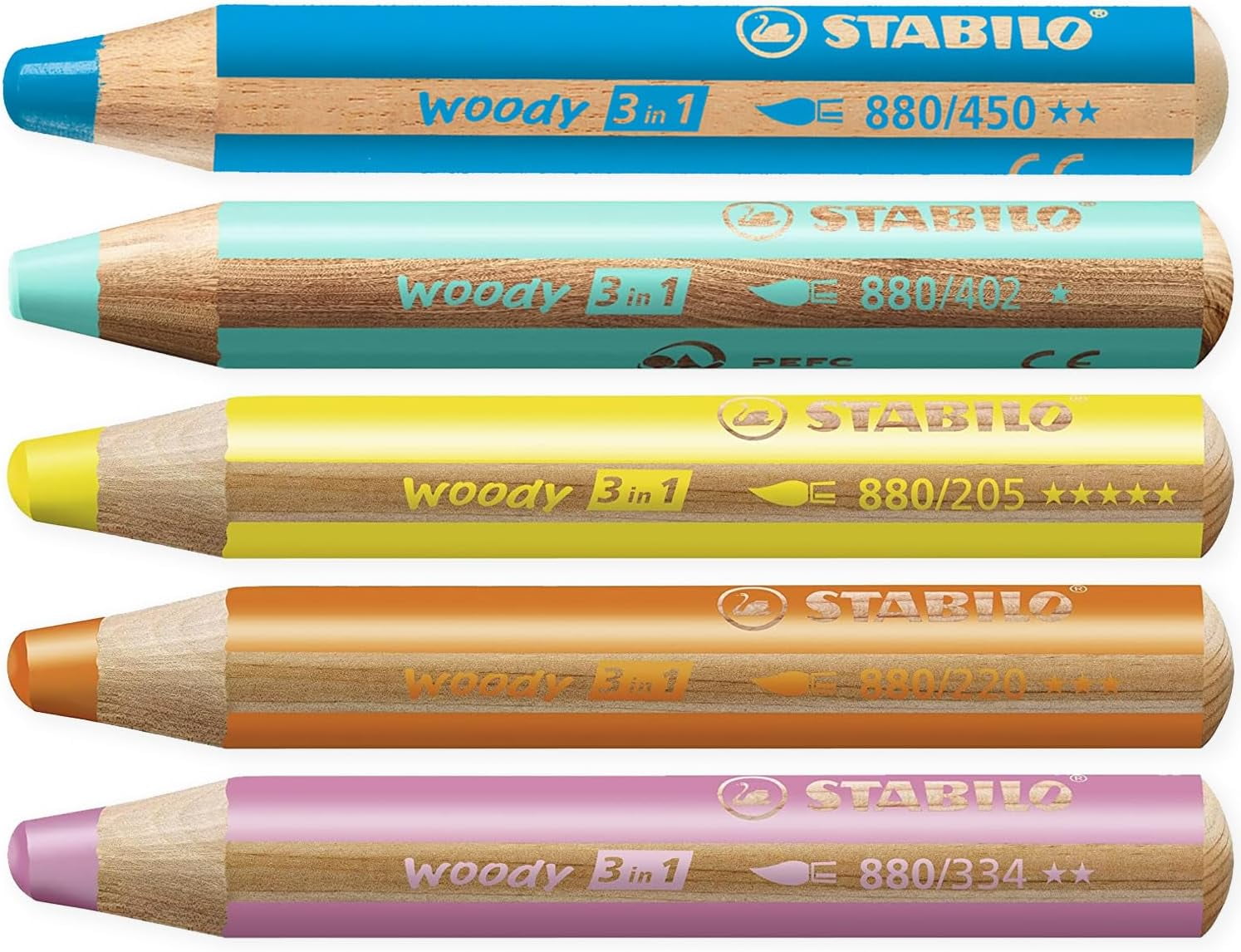 STABILO Multi-talented Pencil woody 3-in-1 - Pastel Box of 5 - Pink, Orange, Yellow, Cyan Blue + Sharpener