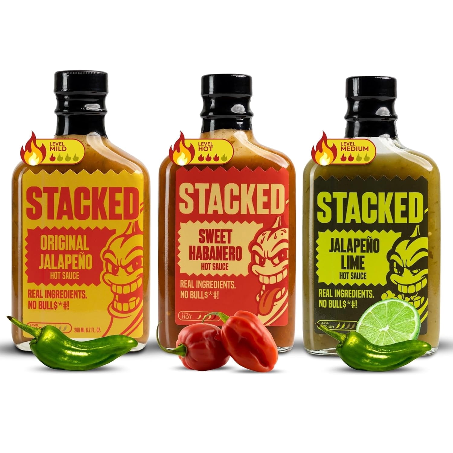 STACKED - Hot Sauce Variety Pack, Original Jalapeño, Sweet Habanero & Jalapeño Lime - 6.7 fl oz, Pack of 3