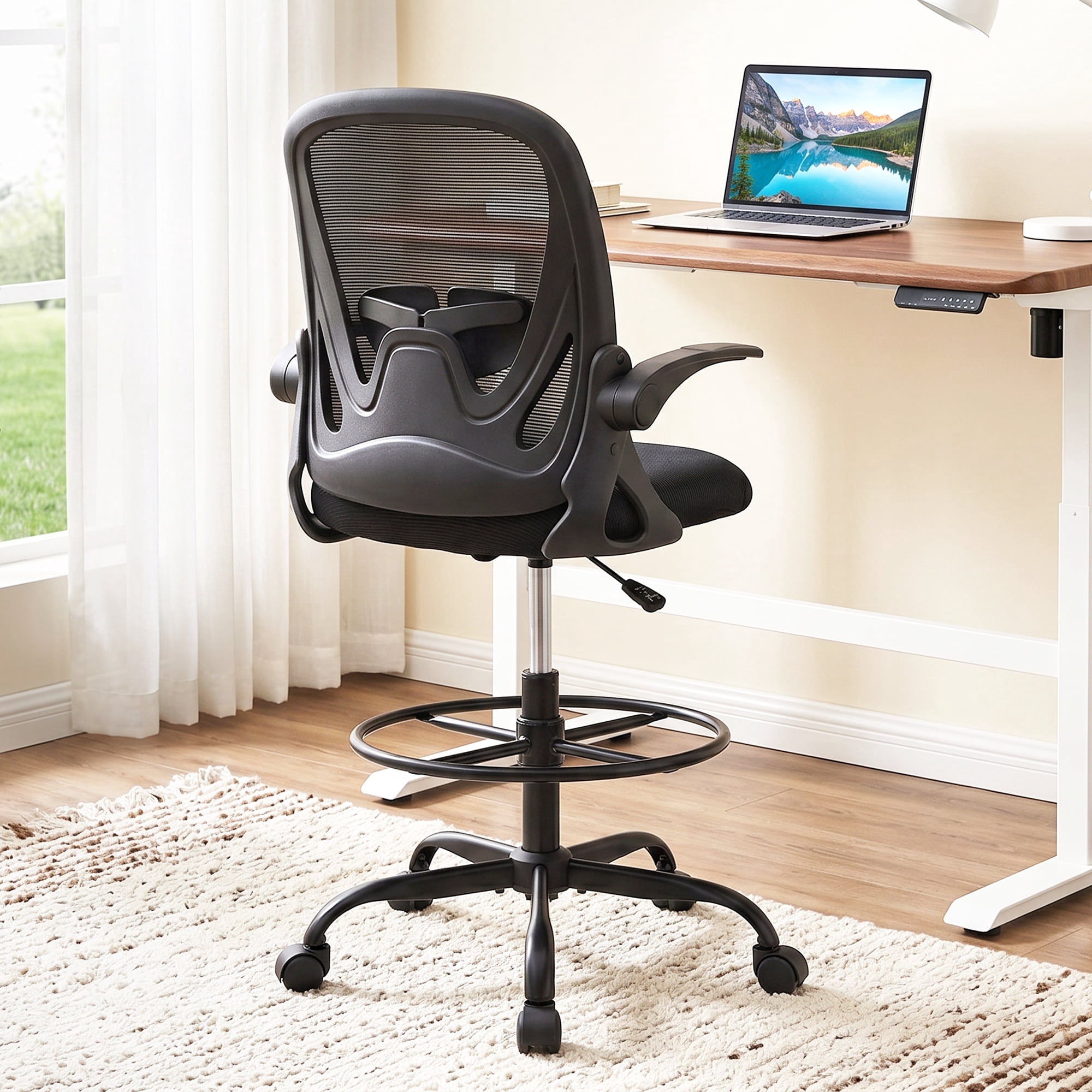 STACOO Ergonomic Office Chair, Drafting Chair with Flip-up Armrests, Executive Computer Standing Desk Chair with Lumbar Support and Adjustable Footrest Ring, Black