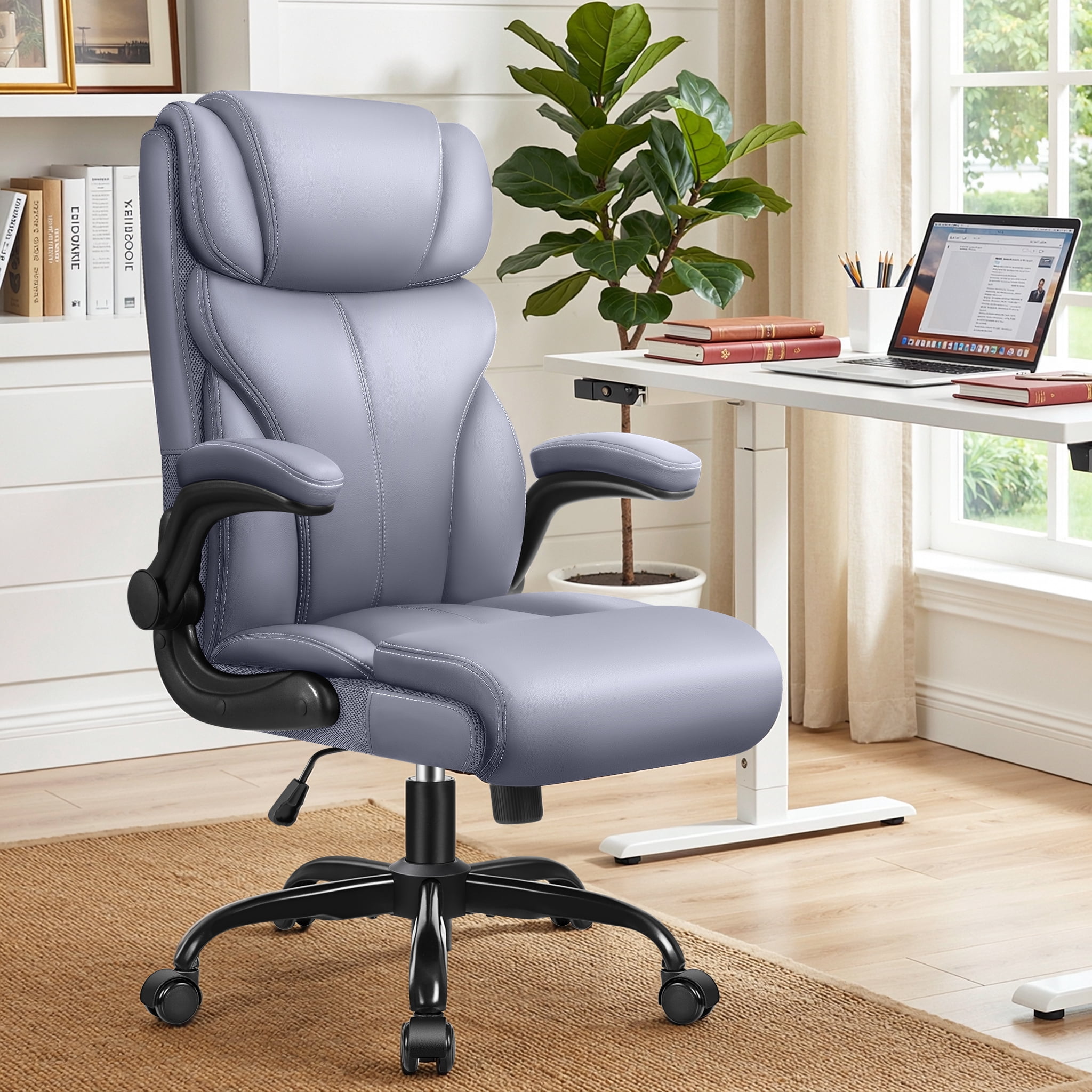 STACOO High Back Executive Office Chair 400lbs, Big and Tall Ergonomic Desk Chair with Lumbar Support & Flip-up Armrests, PU Leather Swivel Chair with Adjustable Height – Gray