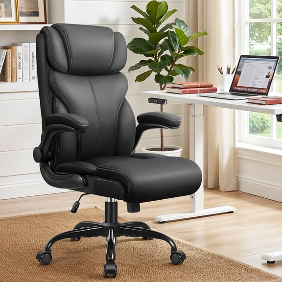 STACOO High Back Executive Office Chair 400lbs, Big and Tall Ergonomic Desk Chair with Lumbar Support & Flip-up Armrests, PU Leather Swivel Chair with Adjustable Height – Black