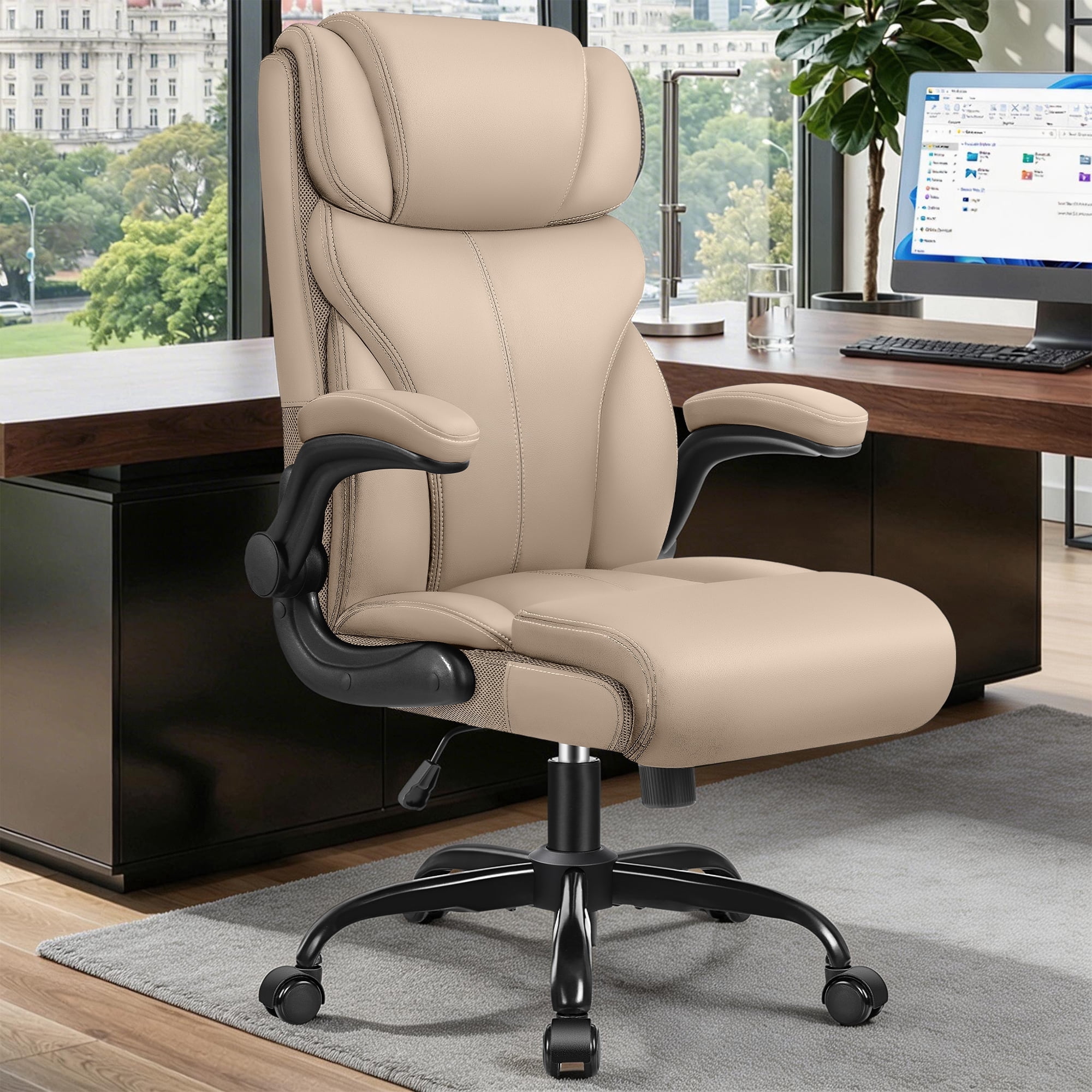 STACOO High Back Executive Office Chair 400lbs, Big and Tall Ergonomic Desk Chair with Lumbar Support & Flip-up Armrests, PU Leather Swivel Chair with Adjustable Height – Beige
