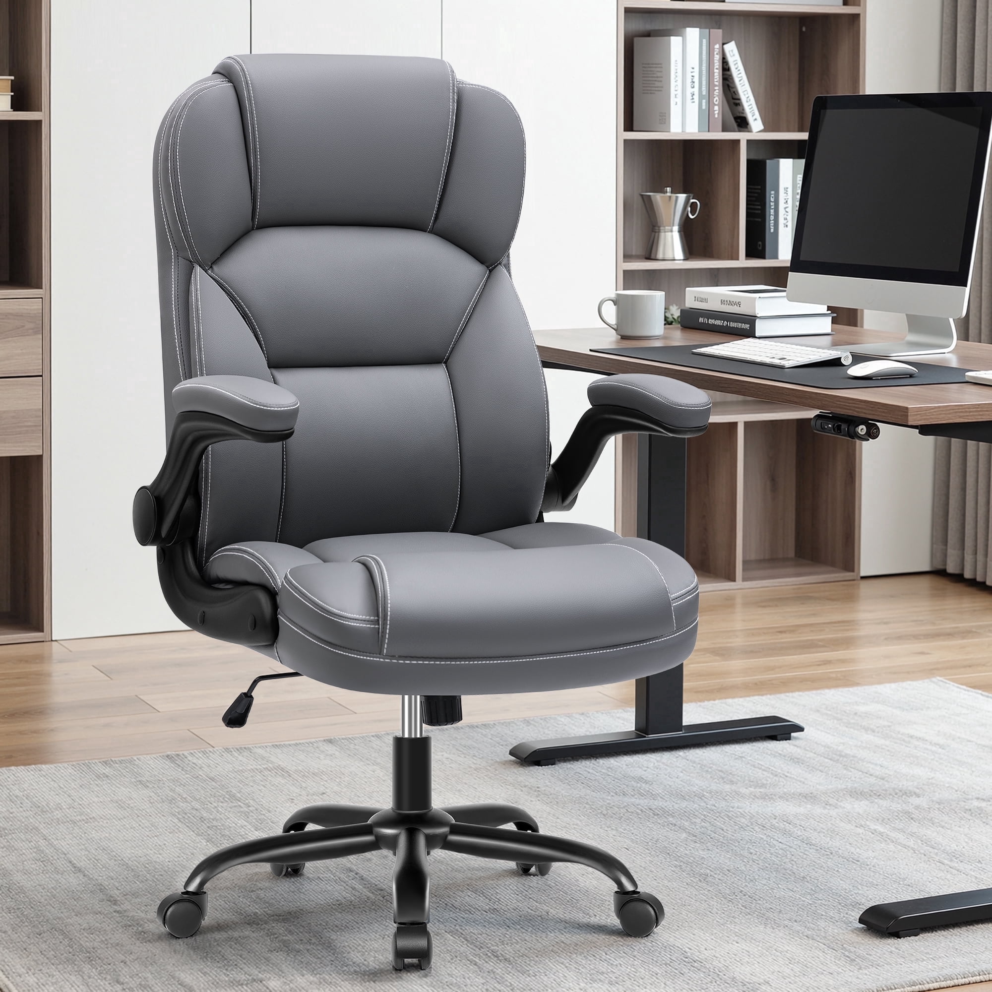 STACOO High Back Executive PU Leather Desk Chair with Lumbar Support, Big and Tall Office Chair, Ergonomic Home Office Chair Computer Chair with Padded Seat Cushion,Gray