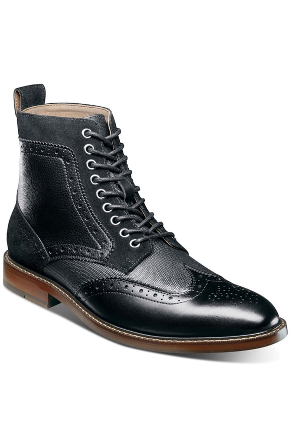 Mens Black Mixed Media Heel Pull-Tab Brogue Cushioned Eyelet Finnegan Wingtip Toe Stacked Heel Lace-Up Leather Dress Boots Shoes 8.5 M