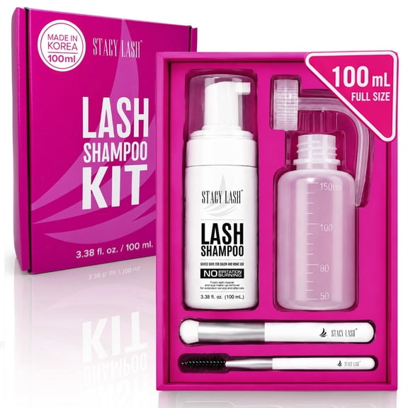 STACY LASH Lash Shampoo 100ml Kit Korean Makeup Remover/Foaming Cleanser with Eye Lash Spoolies & Rinse Bottle & Cleansing Pad & Brush for Eyelash Extensions & Clusters & Natural Eyelashes