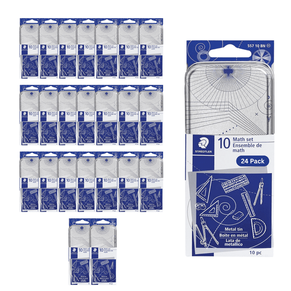 STAEDTLER 10-Piece Math Set with Metal Compass 24-Pack (24 Sets of 10 pcs), 6" Ruler & Triangle Squares, 45 & 30/60 Set Squares, Alphabet Stencil - Measuring Tools, 240 Count