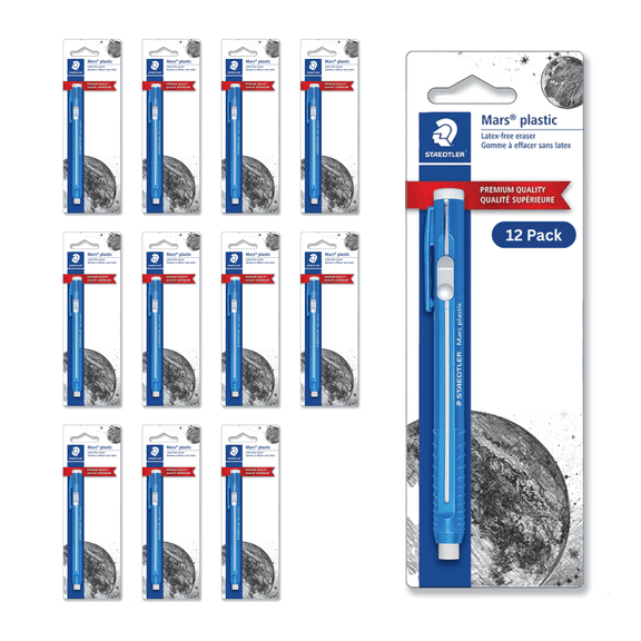 STAEDTLER 12-Pack Mars Plastic Eraser Pen with Refillable Holder, German-Made Eraser for Pencils, Smudge-Free & Tear-Free Precision, Retractable Design with Clip, Blue, 12 Count