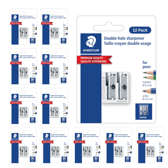 STAEDTLER 12-Pack Metal Double-Hole Pencil Sharpener - Precision 23 & 30 Angles for Standard & Colored Pencils - 3-Point Blade Design for Sharp Lines, 12 Count