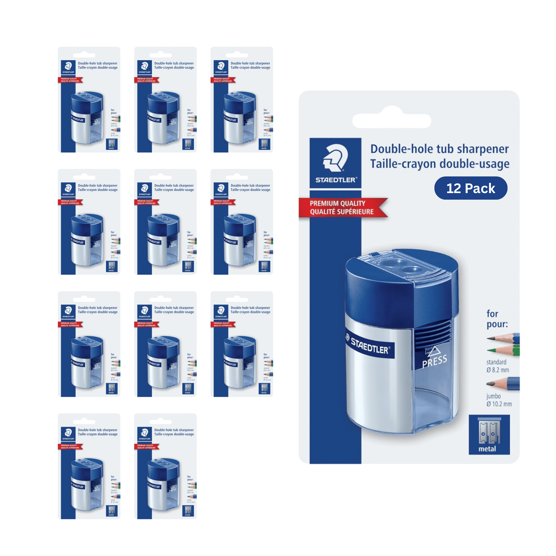 STAEDTLER 12 Pack - Pencil Sharpener with 2 Holes - Dual Size Manual Sharpener for Standard, Colored & Makeup Pencils - Compact Design - 12 Count