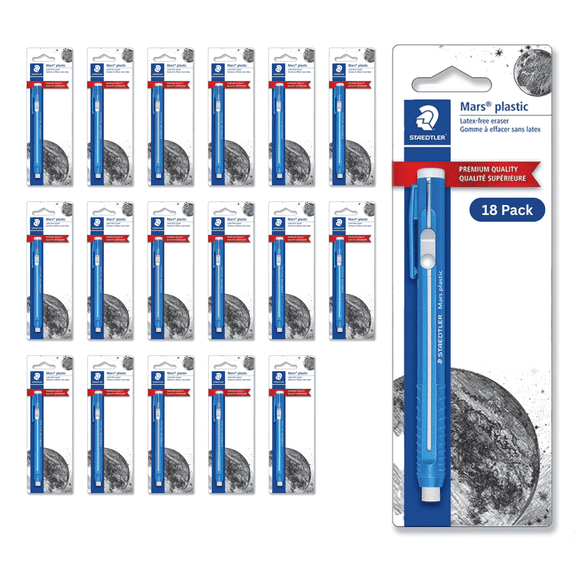 STAEDTLER 18-Pack Mars Plastic Eraser Pen with Refillable Holder, German-Made Eraser for Pencils, Smudge-Free & Tear-Free Precision, Retractable Design with Clip, Blue, 18 Count