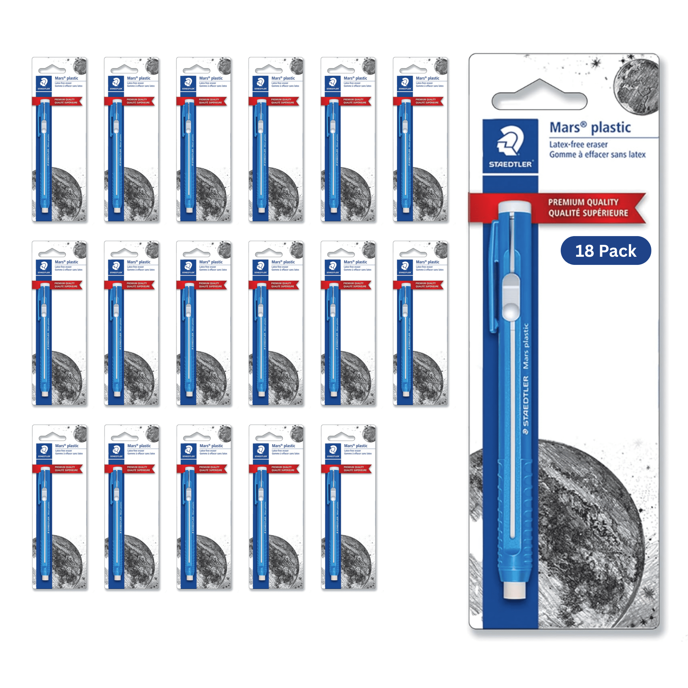 STAEDTLER 18-Pack Mars Plastic Eraser Pen with Refillable Holder, German-Made Eraser for Pencils, Smudge-Free & Tear-Free Precision, Retractable Design with Clip, Blue, 18 Count