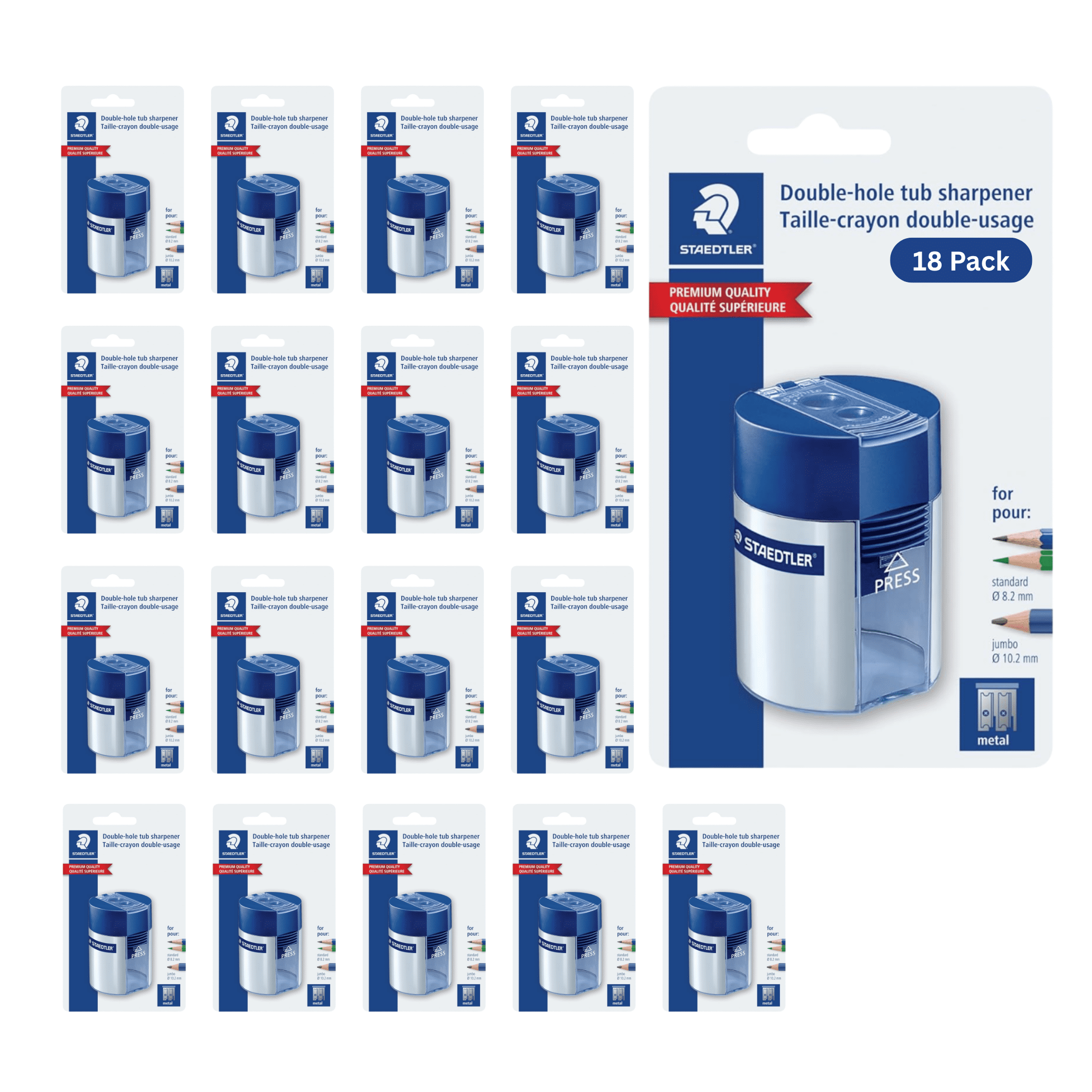 STAEDTLER 18 Pack - Pencil Sharpener with 2 Holes - Dual Size Manual Sharpener for Standard, Colored & Makeup Pencils - Compact Design - 18 Count