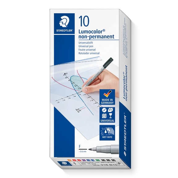 STAEDTLER 316 B10 Lumocolor Non-Permanent Pen, MEDIUM Line Width, 0.6mm - Assorted Colours (Pack of 10)