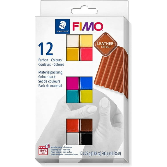 STAEDTLER 8013 C12-2 FIMO Leather-Effect Oven Hardening Modelling Clay - Assorted Colours (Pack of 12 x 25 g Half Blocks) 12 Assorted Colours