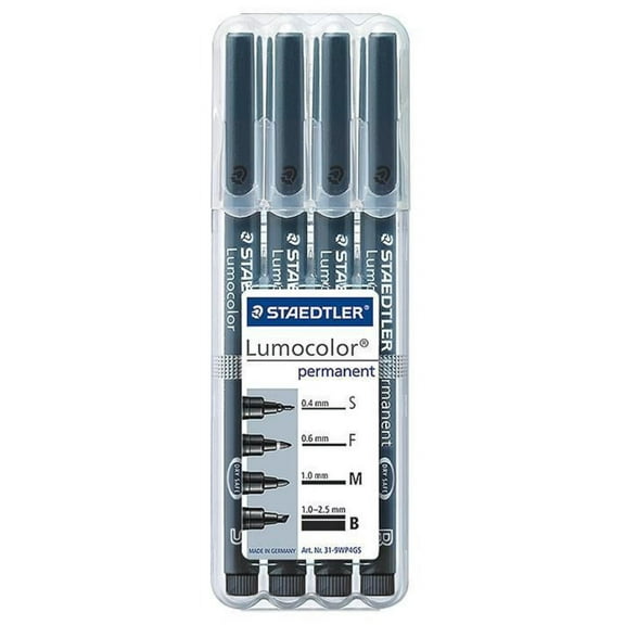 STAEDTLER - Assorted Tip Lumocolor Permanent Marker Pens - Pack of 4 (Black)