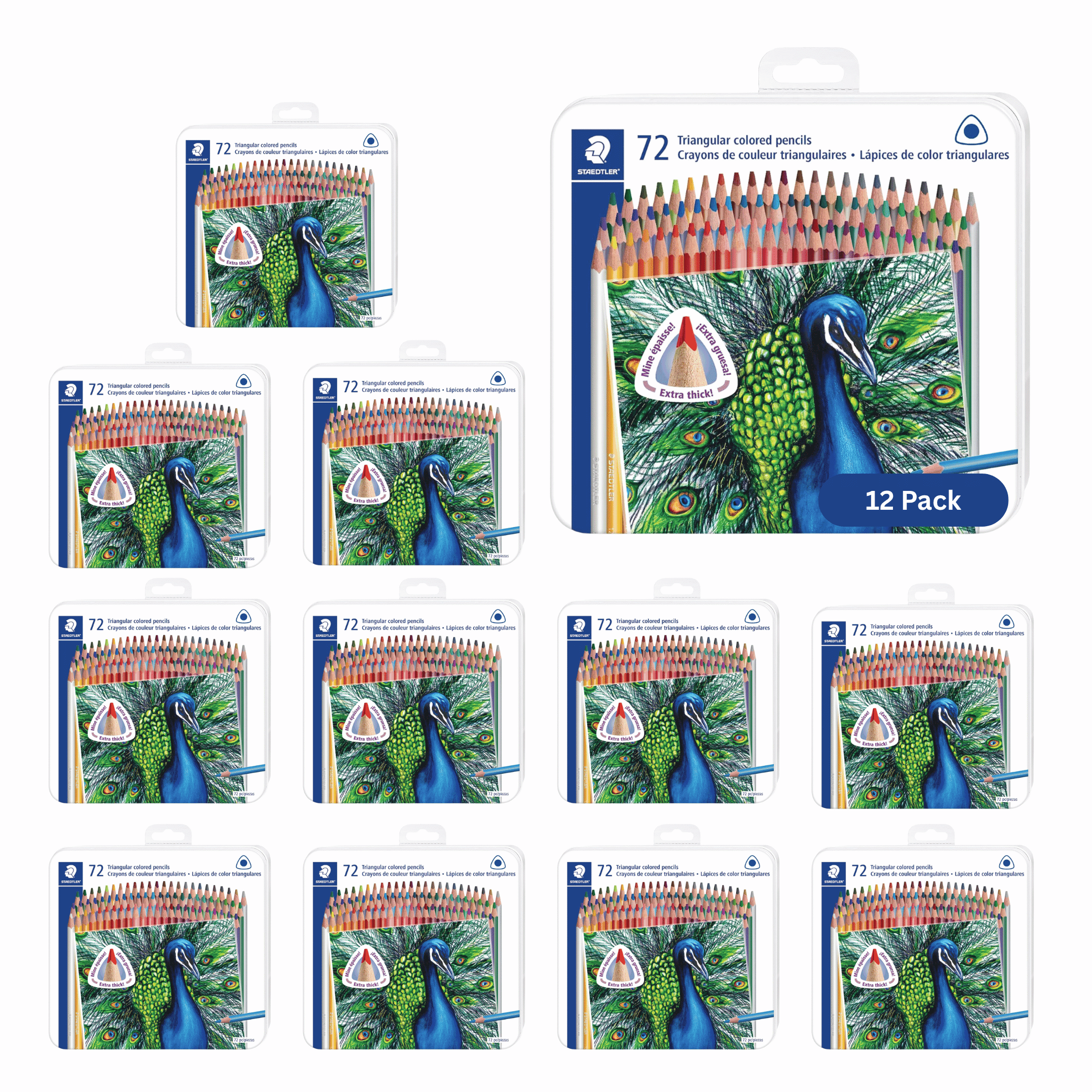 STAEDTLER Colored Pencils Set 12-Pack (12 Sets of 72 pcs) - Ergonomic Triangular Barrel, Smooth 4mm Lines, Wood - 72 Vibrant Colors in Tin, for Artists & Students, 864 Count