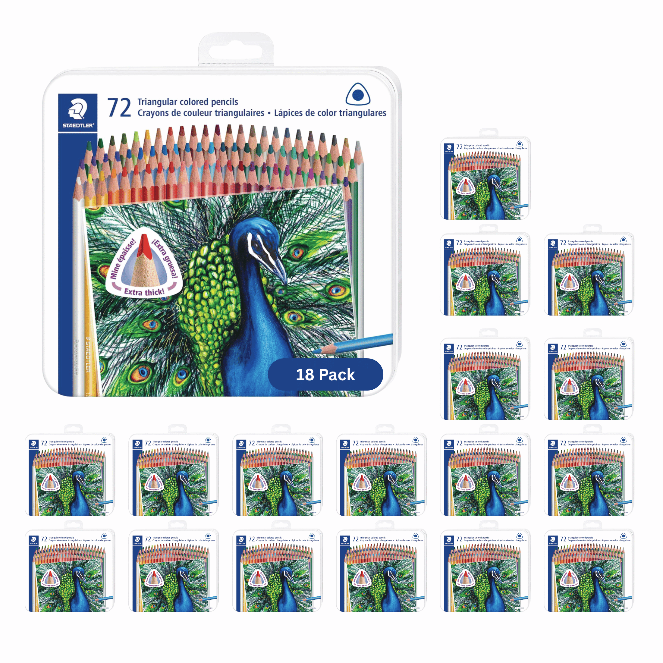 STAEDTLER Colored Pencils Set 18-Pack (18 Sets of 72 pcs) - Ergonomic Triangular Barrel, Smooth 4mm Lines, Wood - 72 Vibrant Colors in Tin, for Artists & Students, 1296 Count