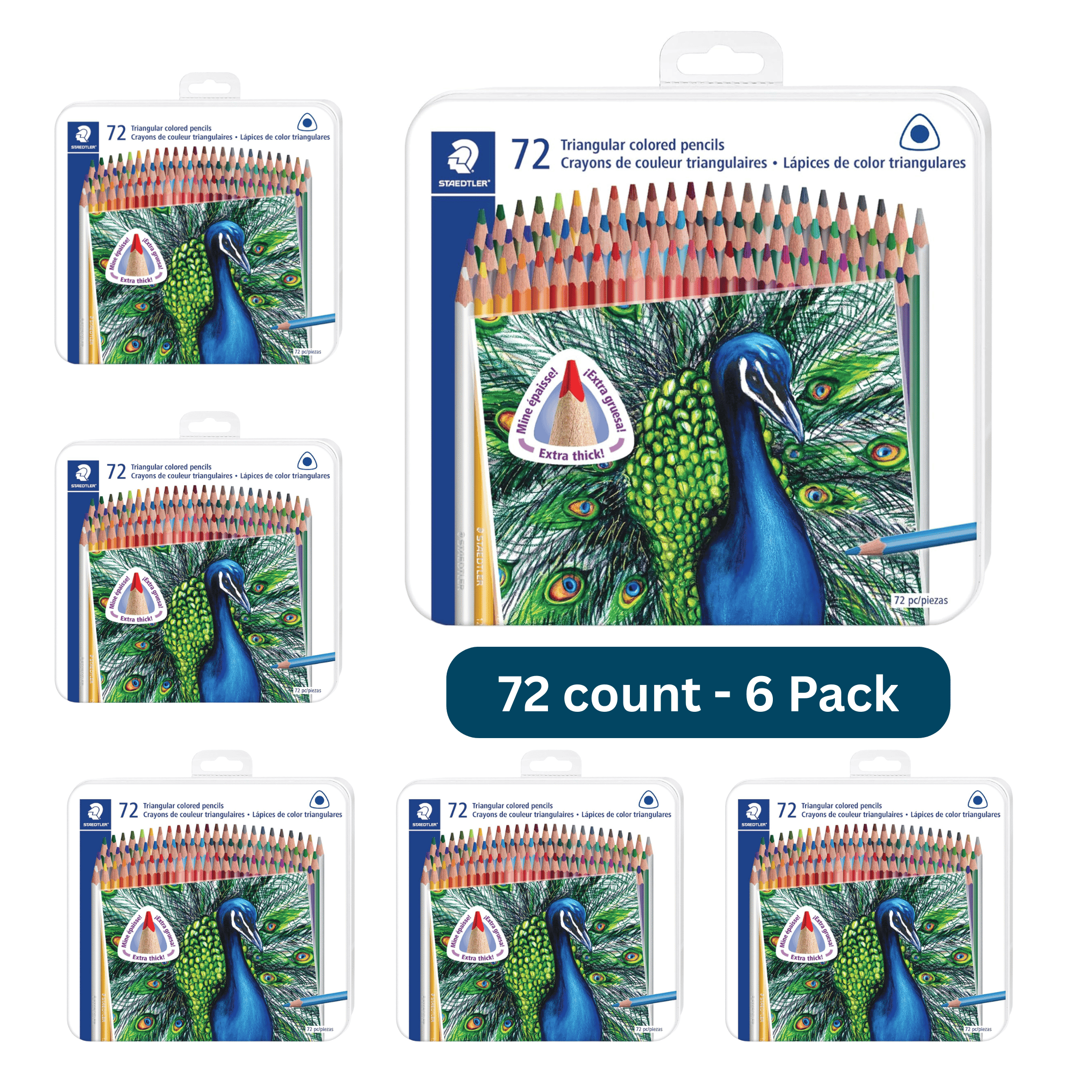 STAEDTLER Colored Pencils Set 6-Pack  (6 Sets of 72 pcs) - Ergonomic Triangular Barrel, Smooth 4mm Lines, Wood - 72 Vibrant Colors in Tin, for Artists & Students, 432 Count