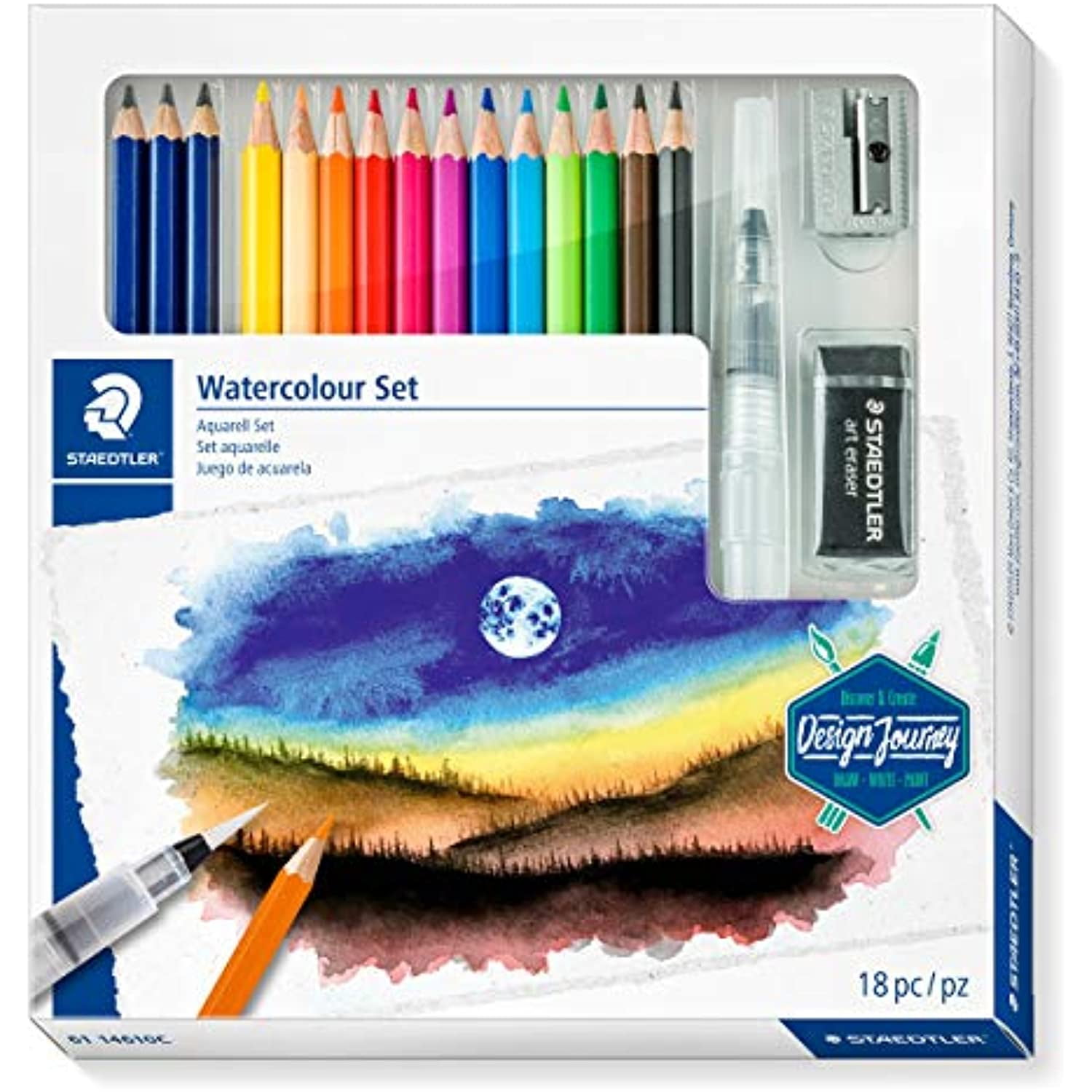 STAEDTLER Design Journey Watercolour Set of Mars Lumograph Pencils, Watercolour Pencils, A Water Brush and Accessories