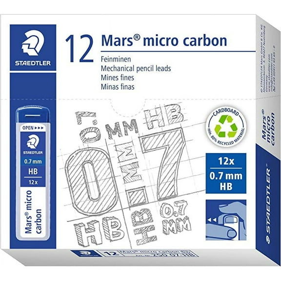 STAEDTLER Mars Micro Carbon Mechanical Pencil Refills, Tube of 12 0.7mm HB Medium Point Graphite Leads, 250 07-HB