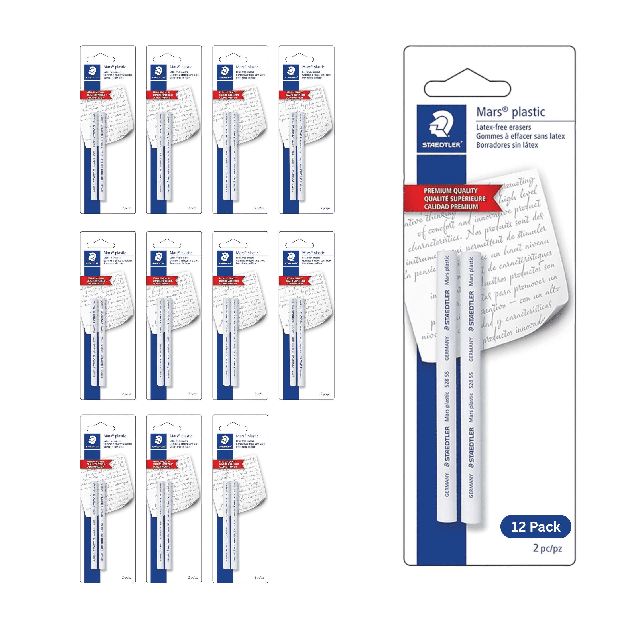 STAEDTLER Mars Plastic Eraser Refills 12-Pack (12 Sets of 2 pcs)- Latex-Free Erasers, Replacements for Refillable Holder, Home & Office, White, 24 Count