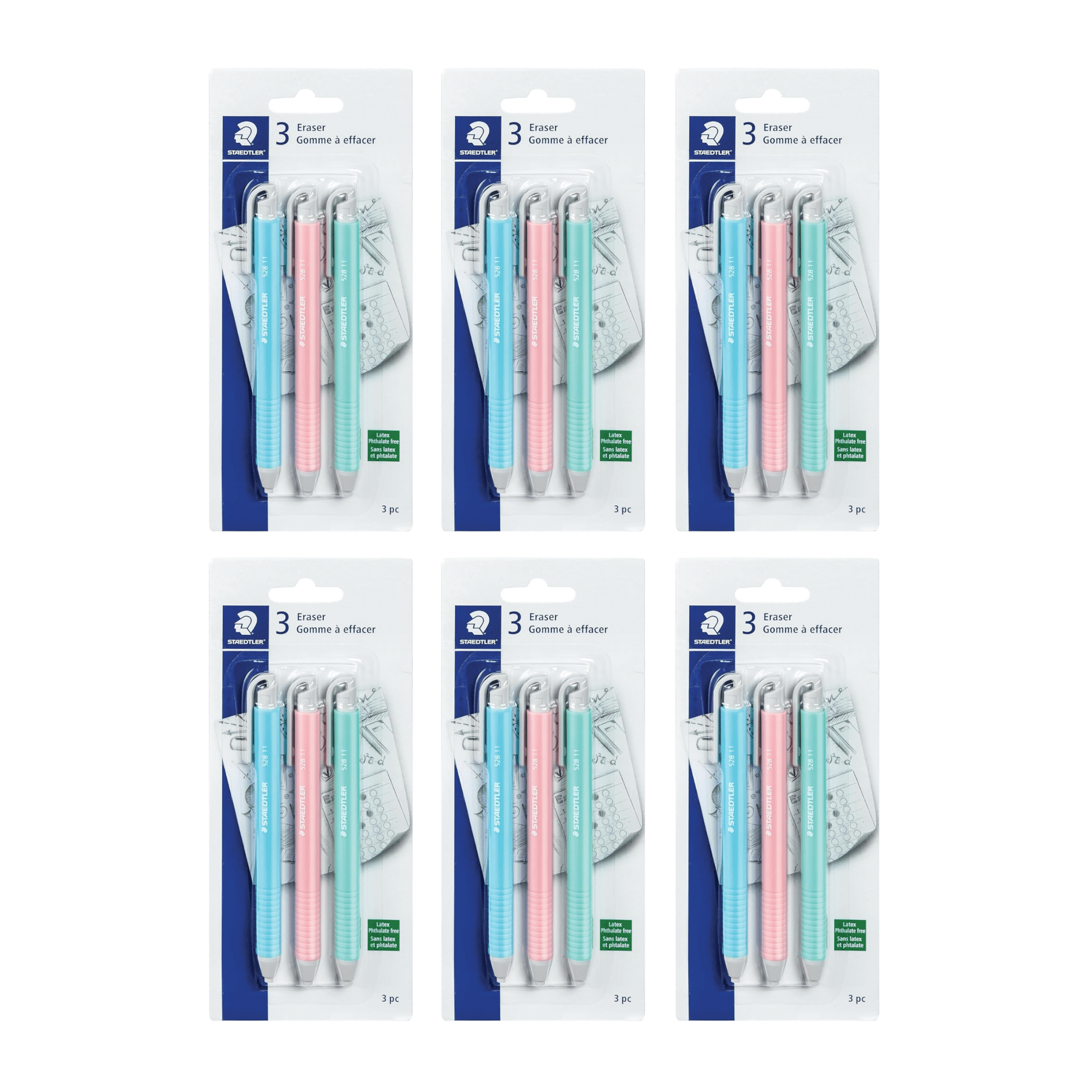 STAEDTLER Vinyl Eraser Holder 6-Pack (6 sets of 3 pcs): 3 Units Retractable Erasers for Pencils, Soft Vinyl, Latex-Free, Clean Edges, No Smudges, Pastel Colors, 18 Count