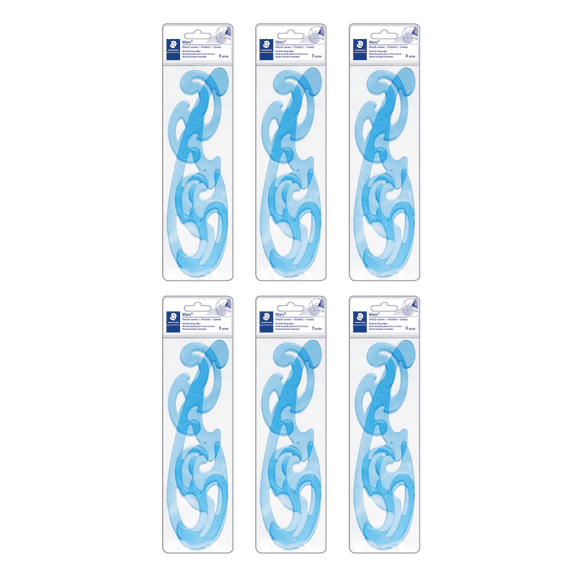 STAEDTLER Mars Professional French Curve Design Ruler Set for Pattern Making 6-Pack (6 sets of 3 pcs), 3 Essential A B C Shapes, Blue Transparent Plastic with Inking Edge, 18 Count