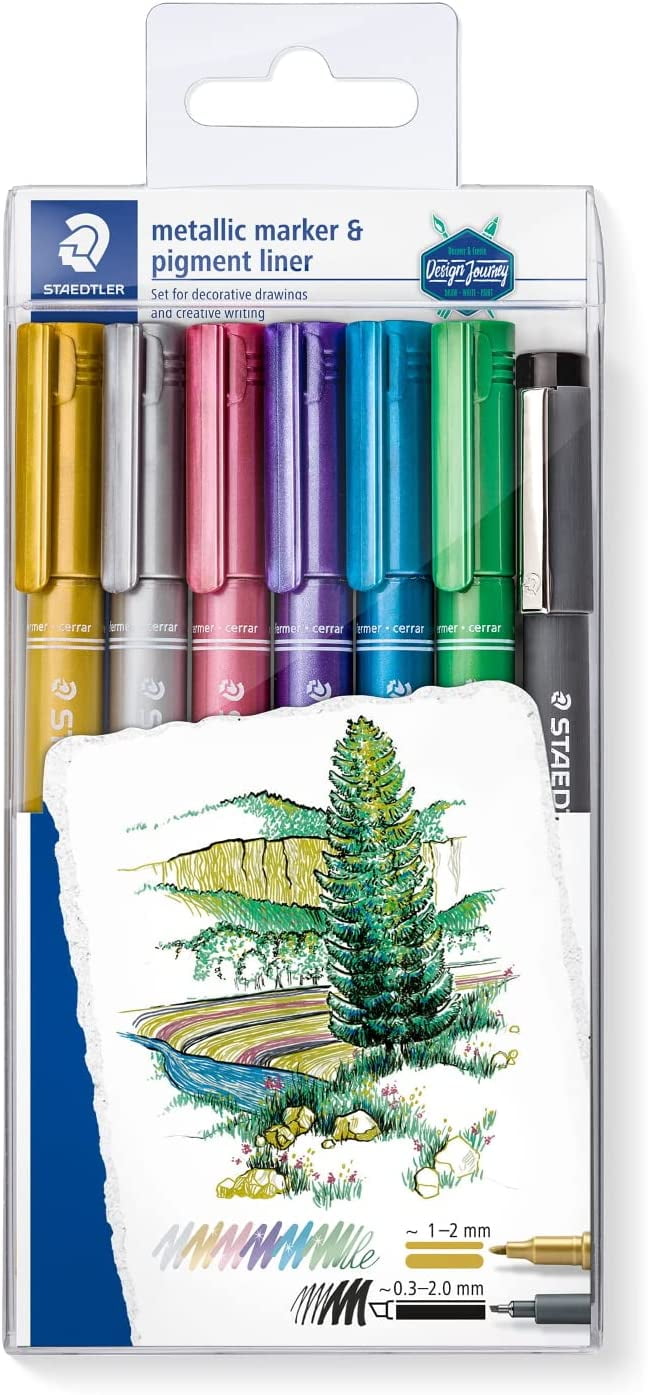 STAEDTLER 8323-SWP6P Metallic Markers - Multi-Colour (Pack of 6) Assorted Colours + Pigment Liner Pack of 6