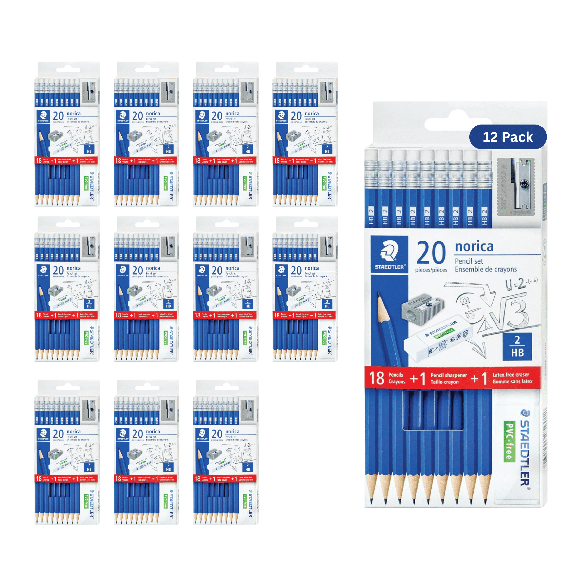 STAEDTLER Norica Pencil 12-Pack (12 Sets of 20 pcs): 18 Pre-sharpened #2 HB Pencils with 1 Eraser & 1 Sharpener, Break-Resistant Lead per pack, 240 count