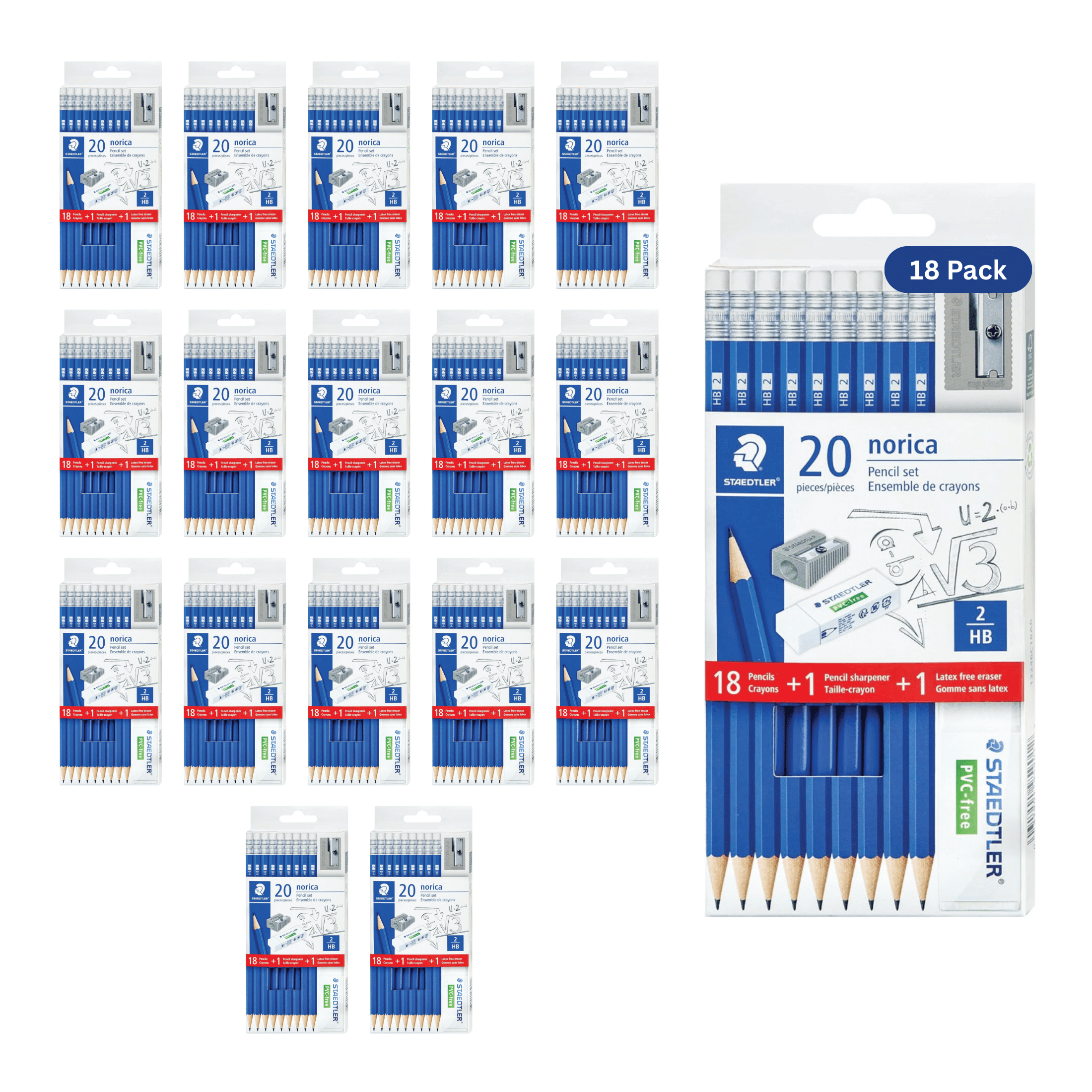 STAEDTLER Norica Pencil 18-Pack (18 Sets of 20 pcs): 18 Pre-sharpened #2 HB Pencils with 1 Eraser & 1 Sharpener, Break-Resistant Lead per pack, 360 count