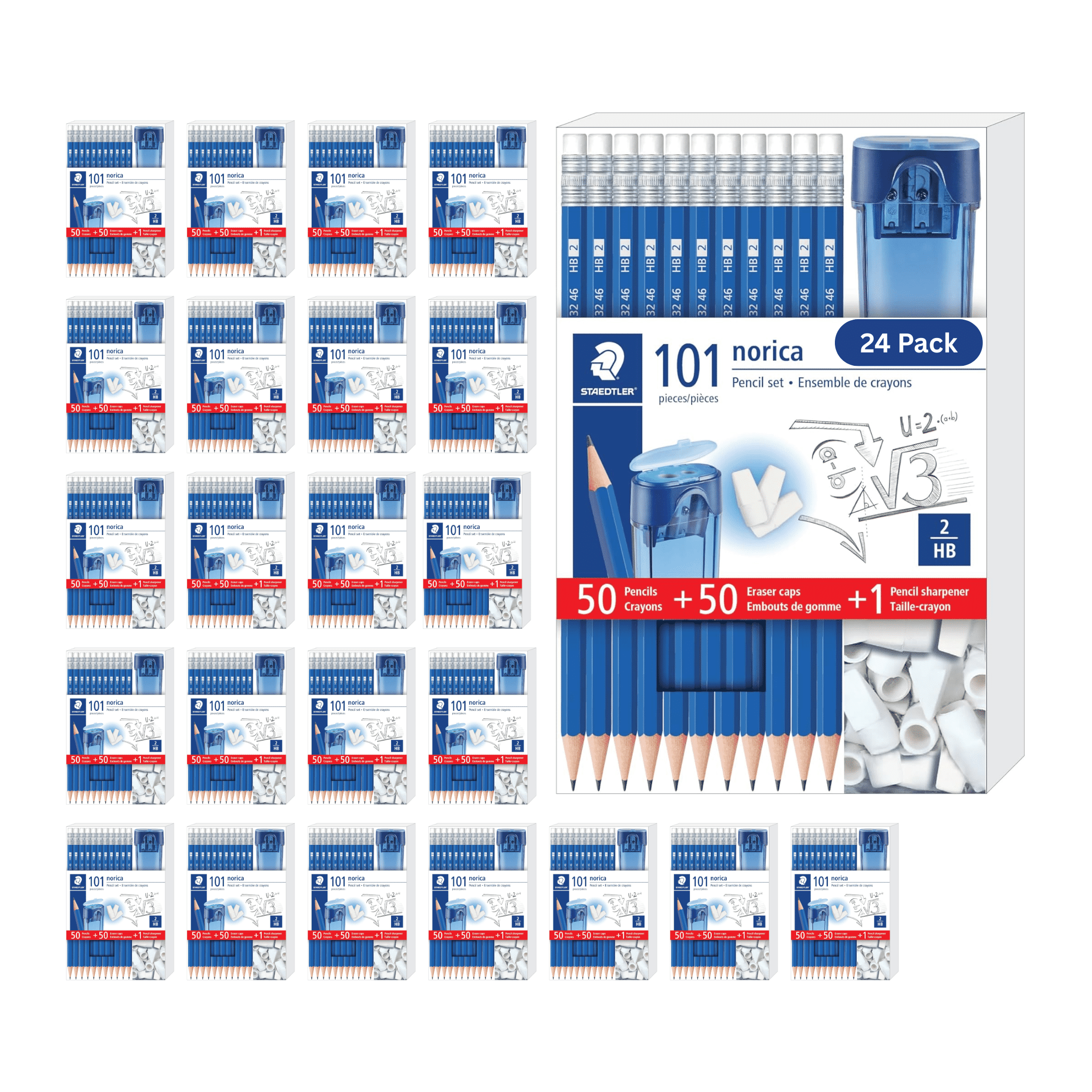 STAEDTLER Norica Pencil Set 24 Pack (24 sets of 101 pcs) - 50 Pre-sharpened #2 HB Pencils with 50 Eraser Caps & Double-Hole Sharpener, Break-Resistant Lead