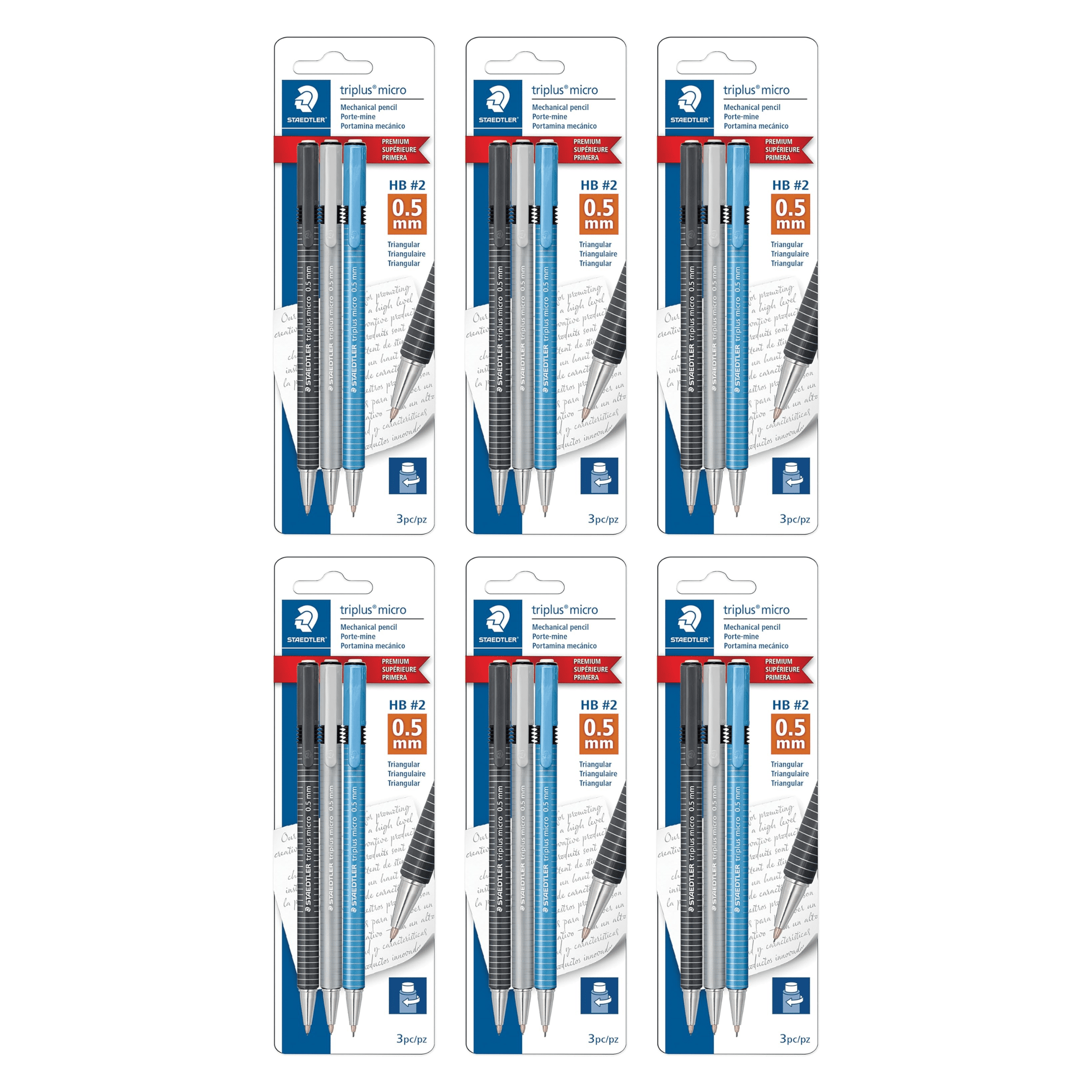 STAEDTLER Triplus Micro Mechanical Pencils 6 Pack (6 sets of 3 pcs) (#2) 0.5mm lead, Retractable with Twist Eraser, Ergonomic Triangular Grip for Writing, Drawing & Drafting, 18 Count