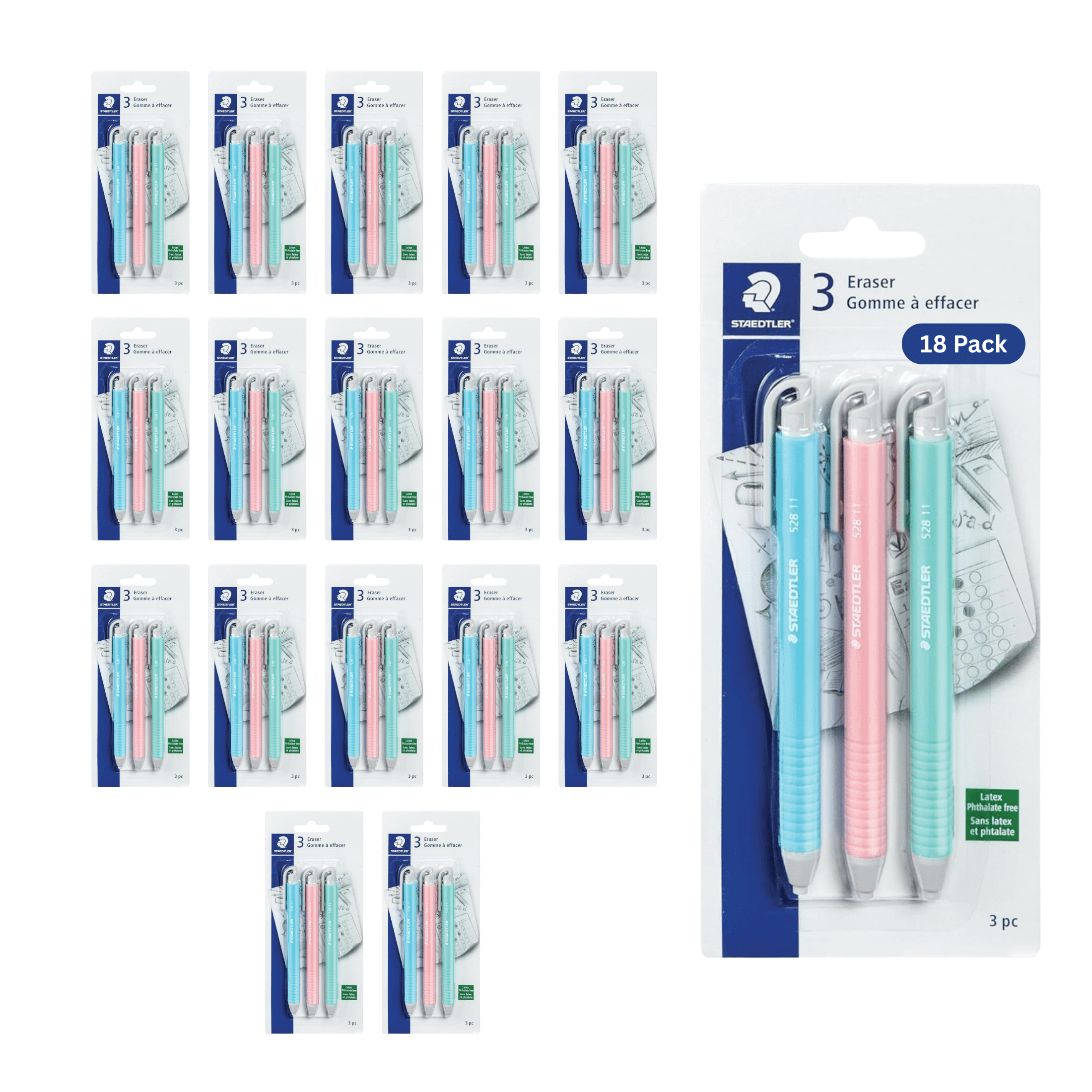 STAEDTLER Vinyl Eraser Holder 18-Pack (18 sets of 3 pcs): 3 Units Retractable Erasers for Pencils, Soft Vinyl, Latex-Free, Clean Edges, No Smudges, Pastel Colors, 54 Count