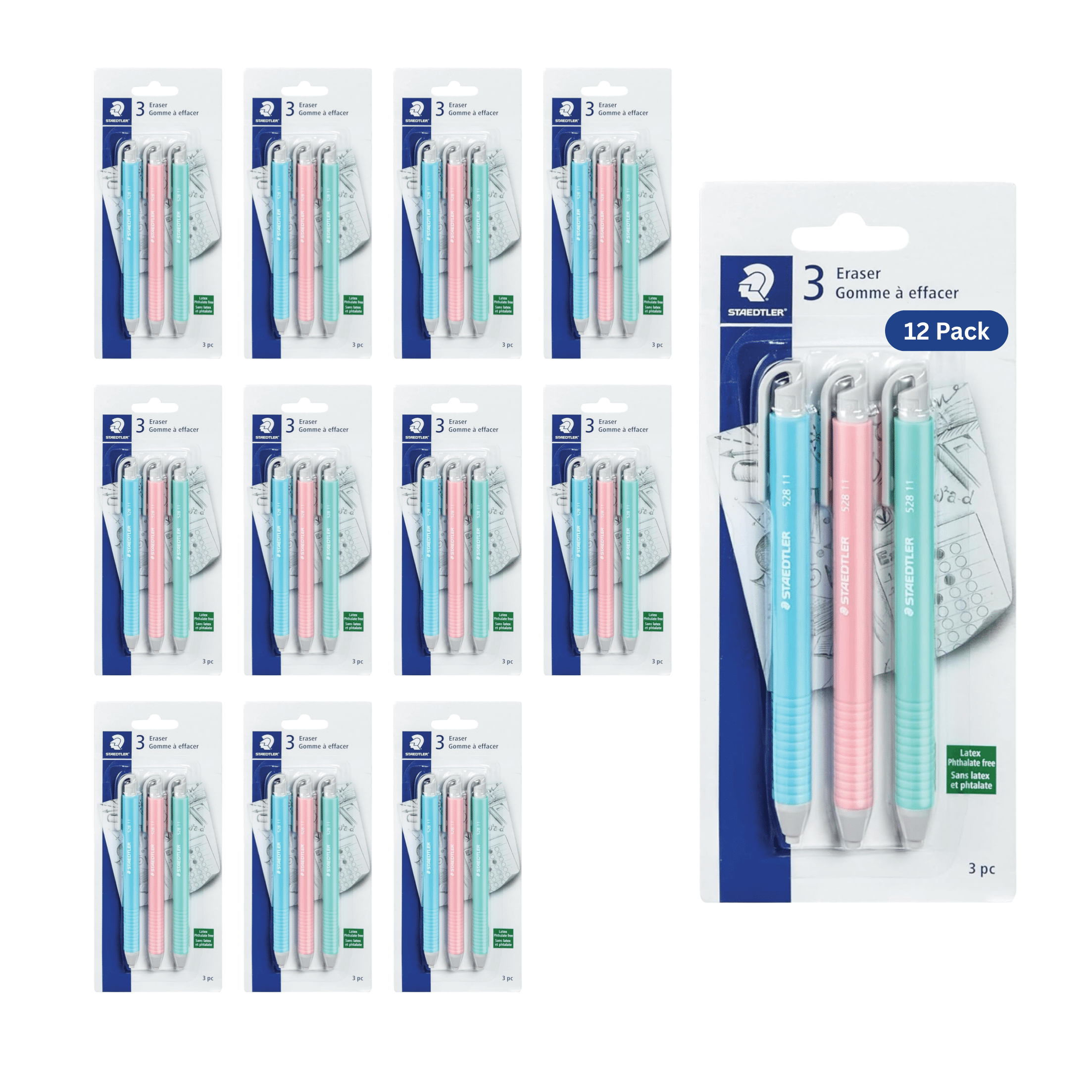 STAEDTLER Vinyl Eraser Holder 6-Pack (6 sets of 3 pcs): 3 Units Retractable Erasers for Pencils, Soft Vinyl, Latex-Free, Clean Edges, No Smudges, Pastel Colors, 18 Count