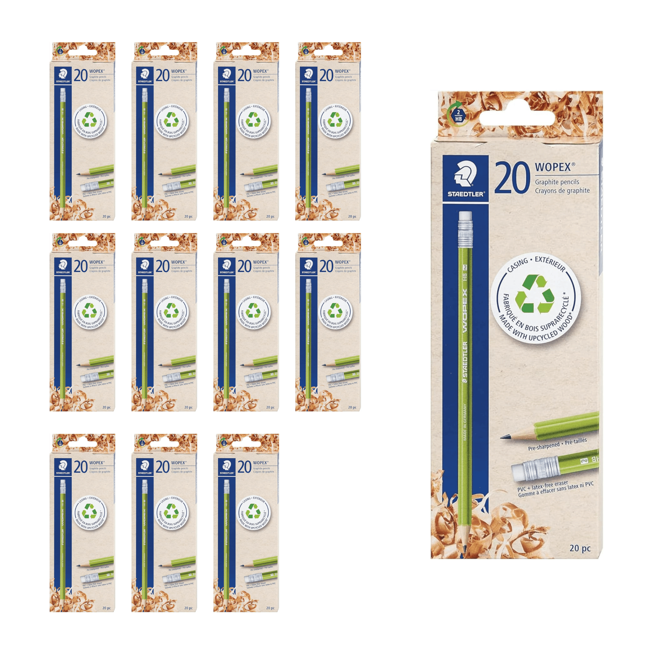 STAEDTLER WOPEX Pre-Sharpened #2 Pencils, 20 Pcs 12-Pack (12 sets of 20 pcs)- Ergonomic Triangular Shape, Break-Resistant, Non-Slip Surface, Wood-Polymer, PVC-Free Eraser Tip, 240 Count
