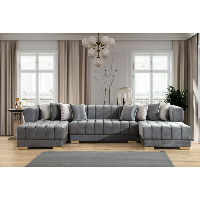 STAFFORA 3PCS Modular 7 Room Double Seater - Shaped (Gray) Ariana Sofa Couch Set Living Sofa for Velvet U Sectional Oversized - Chaise