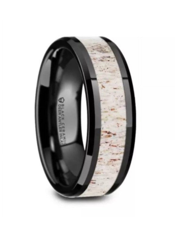 STAG Black Ceramic Beveled Men's Wedding Band with Off-White Antler Inlay - 8mm