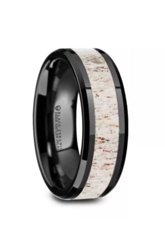 STAG Black Ceramic Beveled Men's Wedding Band with Off-White Antler Inlay - 8mm