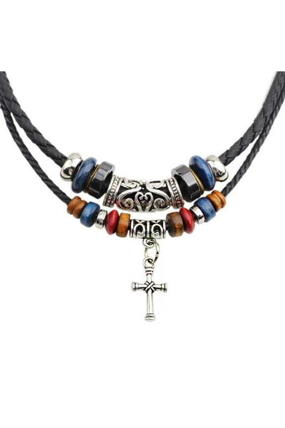 Ethnic Jewelry Leather Tribal Necklace with for Cross Pendant for Women Men Gift