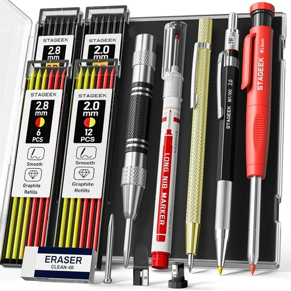 STAGEEK 14 Pack Carpenter Pencil Set with Sharpener, Mechanical Carpenter Pencils with 60 Refills, Deep Hole Long-Nib Marker Pens, Carbide Scribe Tool & Construction Pencils for Architect with Case