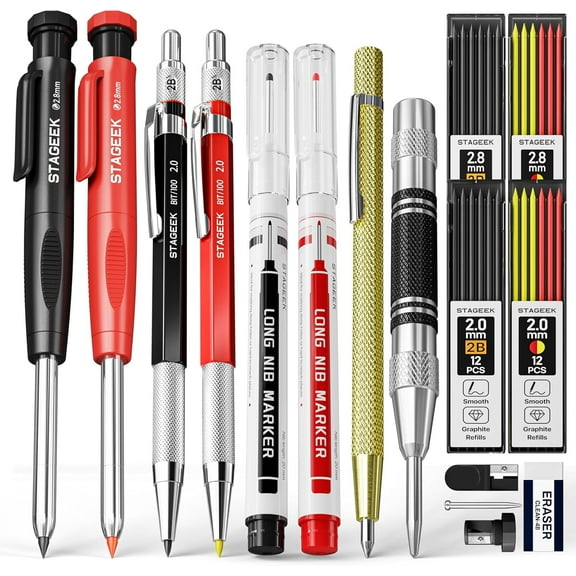 STAGEEK 17 Pack Carpenter Pencil Set with Sharpener, Mechanical Carpenter Pencils with 60 Refills, Deep Hole Long-Nib Marker Pens, Carbide Scribe Tool & Construction Pencils for Architect with Case