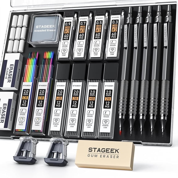 STAGEEK 21PCS Metal Mechanical Pencil Set, Art Lead Pencil 0.3, 0.5, 0.7, 0.9, 2mm Holder(HB 2H 2B 4B Color) with 10 Tubes Graphite Lead Refills Eraser with Case for Drafting Drawing Sketching