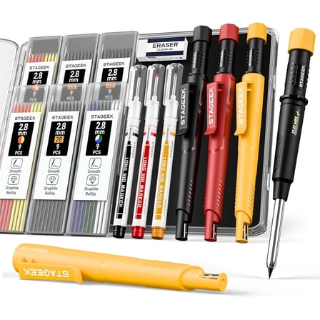 STAGEEK 3 Pack Carpenter Pencils with Sharpener, Mechanical Carpenter Pencils with 57 Refills, construction pencils heavy duty Woodworking Tools, Deep Hole Long Nib Marker Pens for Architect Marking