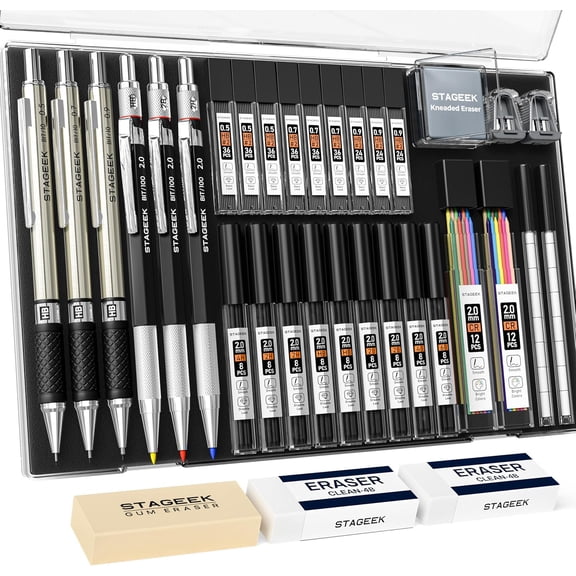 STAGEEK Mechanical Pencil Set with Case 34 Count, Drawing Pencils 0.5, 0.7, 0.9MM & 3PCS 2MM Sketching Pencils with 384PCS Lead Refills (6B 4B 2B HB 2H 4H Color) for Artist Drafting Drawing Writing