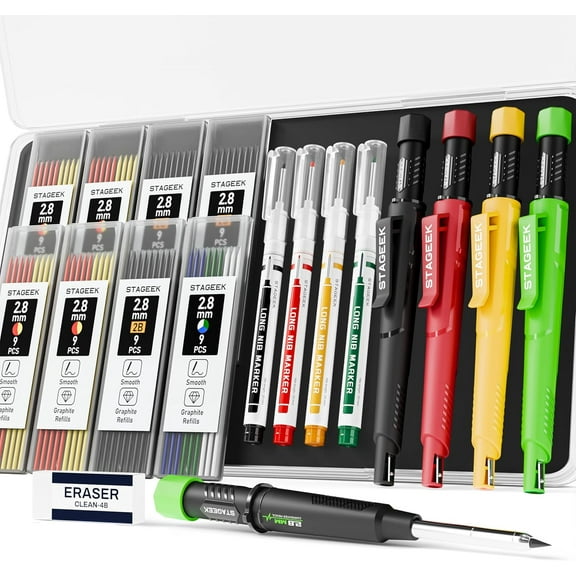 STAGEEK 4 Pack Carpenter Pencils with Sharpener, Mechanical Carpenter Pencils with 65 Refills, construction pencils heavy duty Woodworking Tools, Deep Hole Long Nib Marker Pens for Architect Marking