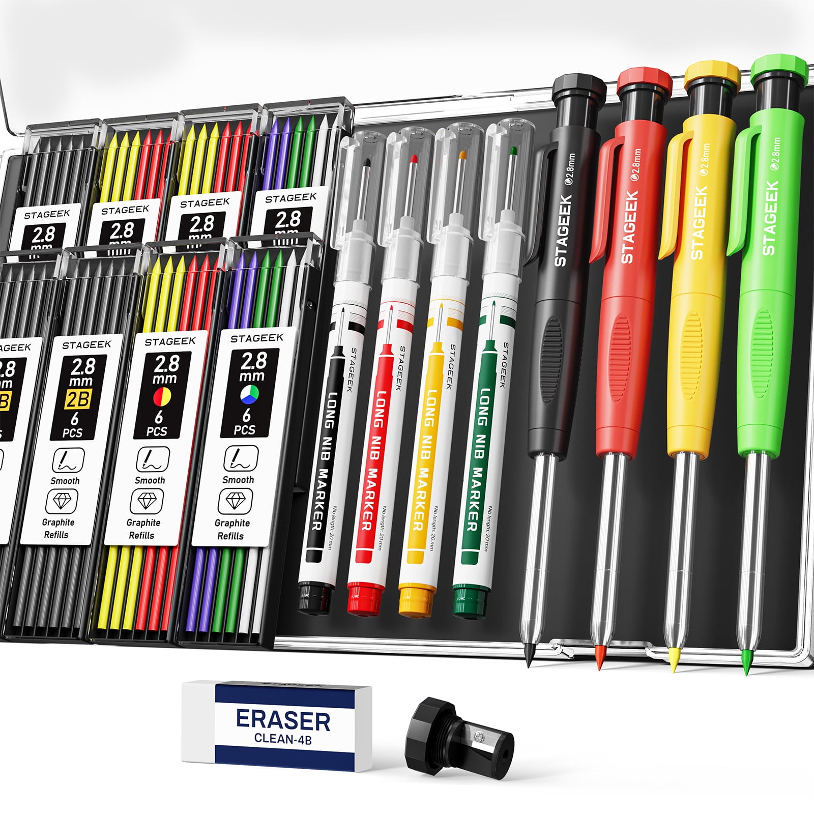 STAGEEK 4PCS Carpenter Pencils with Sharpener, (Red, Black, Yellow, Green)