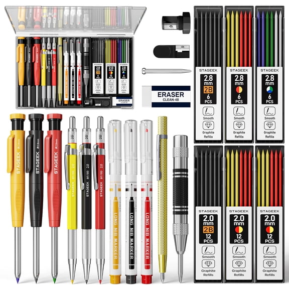 STAGEEK 22 Pack Carpenter Pencil Set with Sharpener, Mechanical Carpenter Pencils with 60 Refills, Deep Hole Long-Nib Marker Pens, Carbide Scribe Tool & Construction Pencils for Architect with Case